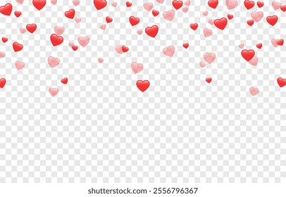 Vector red hearts png. Falling hearts on isolated transparent background. Valentine's day background with hearts.