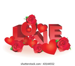 vector red hearts and roses love ltext 3d isolated on white vector