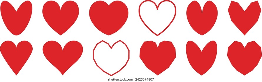 Vector red hearts set isolated on a white background. Vector symbols for love, wedding, Valentine's day design or other romantic design. Set of various shapes.