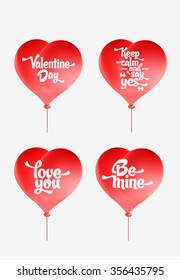 Vector red heart-shaped balloons set. Love elements with text 'love you, be mine, valentine day, keep calm and say yes' for a Valentine day card.