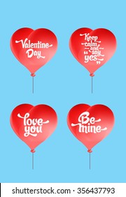 Vector red heart-shaped balloons set. Love elements with text 'love you, be mine, valentine day, keep calm and say yes' for a Valentine day card.
