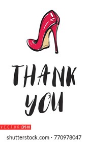 Vector red heel with motivational text: thank you. Fashion accessory illustration in glamour style for beauty salon, shop, blog print. Isolated symbol on white background.
