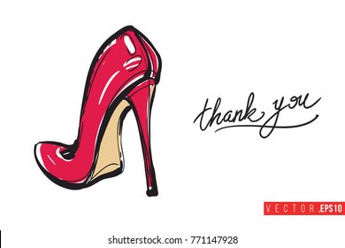 Vector red heel with motivational text: thank you. Fashion accessory illustration in glamour style for beauty salon, shop, blog print. Isolated symbol on white background.