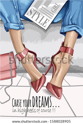  Vector red heels with motivational text: chase your dreams. Fashion accessory illustration in glamour style for beauty salon, shop, blog print