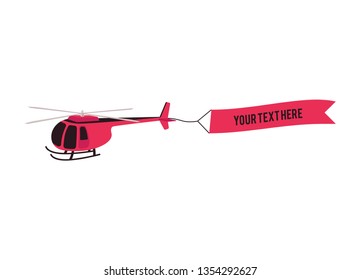 Vector red helicopter icon with advertising banner. Passenger rescue and observation aircraft. Propeller aviation, copter transportation. symbol of adventure and travelling. Isolated illustration.