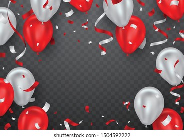 Vector red helium balloon and falling confetti can be separated from a transparent background.