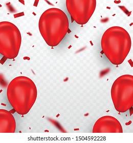 Vector red helium balloon and falling confetti can be separated from a transparent background.