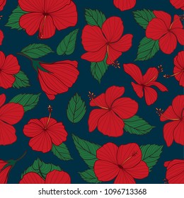 Vector Red Hibiscus with Dark Blue Seamless Pattern Background. Perfect for fabric, scrapbooking, wallpaper.