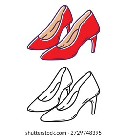 Ilustración de zapatos de tacón alto rojo de Vector con versiones de color y contorno