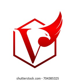 Vector Red Hive Eagle Letter V Logo
