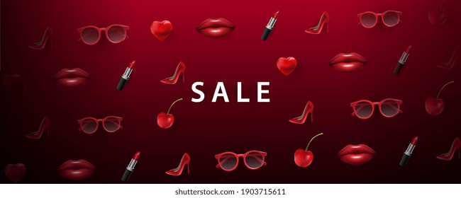 Vector red horizontal background for Valentine's Day sale, Women's Day. Realistic lips, glasses, cherries, lipstick, shoes. Women's set. Realistic 3d vector illustration, banner