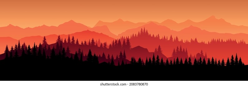 Vector red horizontal landscape with fog, forest Christmas Tree, spruce, fir, and morning sunlight. Illustration of panoramic view silhouette, mist and silhouettes mountains. Fire in the woods. 