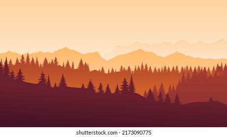 El paisaje horizontal de color rojo vectorial con niebla, bosque, abeto, abeto y puesta de sol. Ilustración de silueta panorámica, niebla y montañas anaranjadas. Árboles de temporada de otoño. 