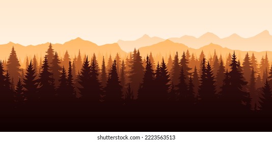 Vector red horizontal landscape with fog, forest, spruce, fir, and sunset. Autumn Illustration of panoramic view silhouette, mist and orange mountains. Fall season trees