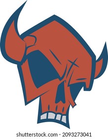 vector. red horned skull logo or sticker with thick blue outline.