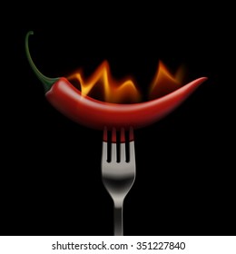 Vector Red Hot Chili Pepper on Fire and Flame on a Fork Isolated on White Background
