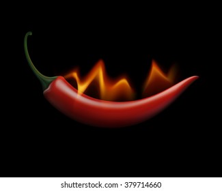 Vector Red Hot Chili Pepper on Fire and Flame Isolated on White Background