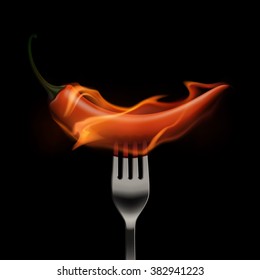 Vector Red Hot Chili Pepper on Fire and Flame on a Fork Isolated on White Background