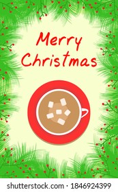 Vektor - Roter heißer Kaffee oder Schokoladenbecher mit Marshmallow, grüner Urlaub und Wort "Fröhliche Weihnachten" auf gelbem Hintergrund. Schönes neues Jahr. Saisongrüße.