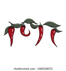 Vector red hot pepper with fresh leaves. Food design elements.
