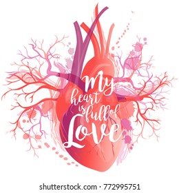 Vector Red Human Heart, Internal Organ. Watercolor Anatomy And Love Concept.