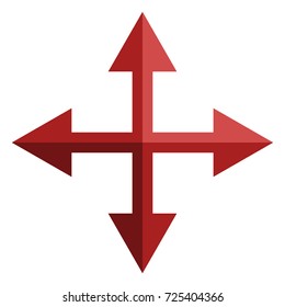 Vector Red Icon - Four Way Arrows. Cross of Arrows.
