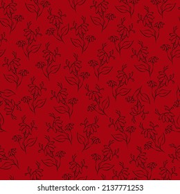 Vector red illustration. Floral seamless pattern. Bouquet of wild flowers. Hand drawn flower field. Simple flowers. Flowering heads of field chamomile. Outline drawing.