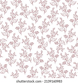 Vector red illustration. Floral seamless pattern. Bouquet of wild flowers. Hand drawn flower field. Simple flowers. Flowering heads of field chamomile. Outline drawing.