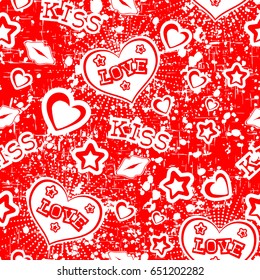 Vector red illustration hearts, lips and stars. Inscription love and kiss on grunge backdrop. Seamless background. For t-shirt design or print on textile.