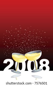 Vector red illustration with two glasses of champagne in a new year celebration.