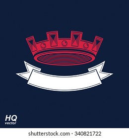 Vector red imperial crown with undulate ribbon. Classic coronet with decorative curvy ribbon. King regalia design element.