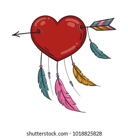 Vector Red Indian heart with arrow and ornament.