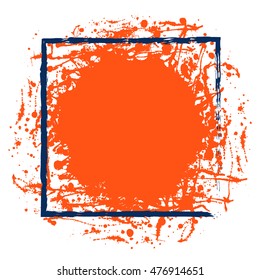 Vector red ink blot with brush strokes, blue square frame with space for text, isolated on the white background. Graphic illustration. Series of elements for design, splash, blots and brush strokes.