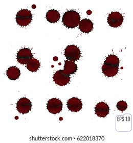 Vector red Ink stain, blots and splashes. Isolated Realistic paint drops, design elements.