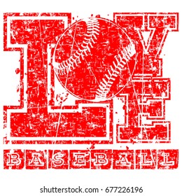 Vector red inscription love baseball with ball in grunge frame. Design for tattoo or print t-shirt.