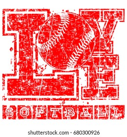 Vector red inscription love softball with ball in grunge frame. Design for tattoo or print t-shirt.