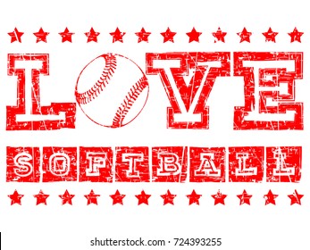 Vector red inscription love softball with stars. Design for tattoo or print t-shirt.