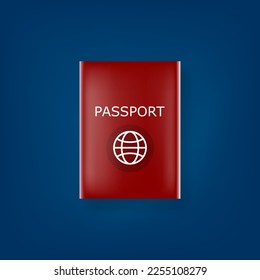 Vector red international passport cover design template isolated on stylish blue background. Red Passport icon with white simple earth globe and shadow