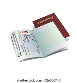 Vector red international passport template with sample personal womans data page