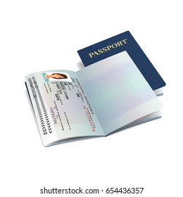 Vector red international passport template with sample personal womans data page