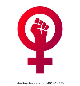 Vector red isolated women power icon. 
Pink gender woman symbol with raised up fist sign inside. 