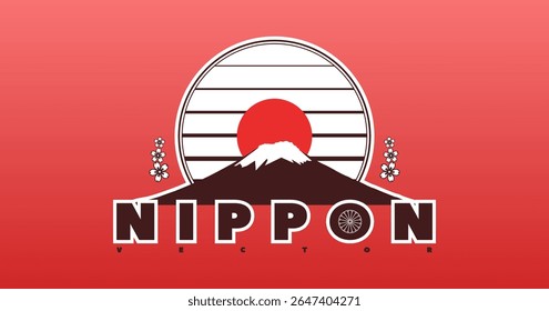 Vector red Japanese landscape and symbols. Emblem of Japan. Mount Fuji, sun, stylistic sakura flowers and inscription nippon.