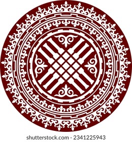 Vector red Kazakh national round ornament shanyrak. Ethnic circle, nomadic peoples of the great steppe. Turks, Kyrgyz, Mongols, Tatars, Kalmyks, Buryats