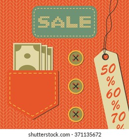 Vector red knitted poster with fabric imitation, money in pocket, pricetag with 50, 60, 70 percent of discount, buttons, stitched label with word SALE embroidered cross. Card in retro, vintage style.