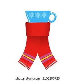 Vektorroter geputzter Scarf und blauer Cup aus Kaffee oder Tee einzeln auf weißem Hintergrund.
