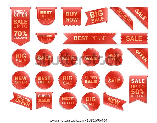 Vector red\
labels isolated on white background. Sale promotion, website\
stickers, new offer badge collection. Flat badges discount and\
tags. Best choice tags.  Vector\
illustration.