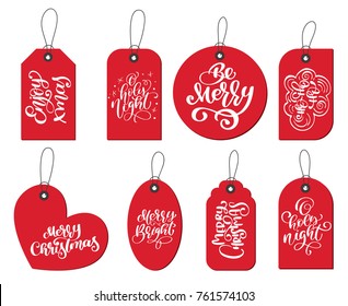 Vector red labels tags collection with Calligraphy lettering quotes Enjoy xmas, Be Merry, O holly night, Merry bright, Merry Christmas, Ho-ho-ho.