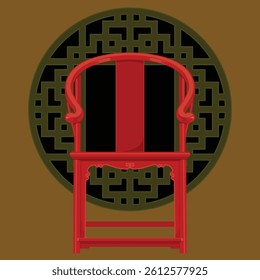 vector red lacquered wood Chinese chair and circular window