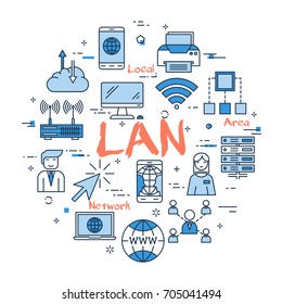 Vector red LAN word with blue linear icons on white background. Round web banner. Concept of local area network, internet connection and computer using