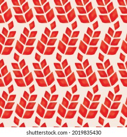 Vector red leaves folk striped ecru repeat pattern